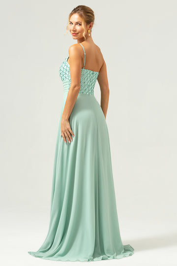 Sparkly Green A-Line One Shoulder Chiffon Long Bridesmaid Dress